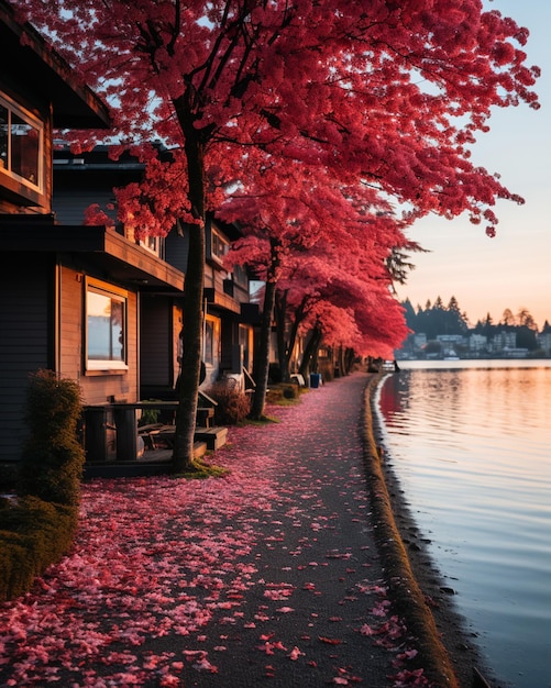 trees with pink leaves line the sidewalk next to a body of water generative ai