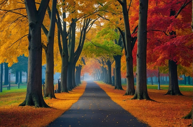 Trees with vibrant autumn foliage lin