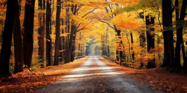 Trees with yellow leaves on the ground and a road in the middle generative ai