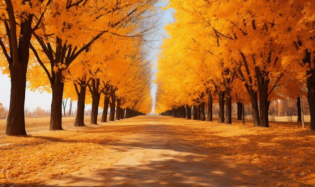 Trees with yellow leaves line a dirt road in a park generative ai