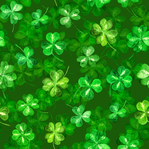 Trefoil leaves, four leaf clover. Repeating seamless pattern background. Watercolor for saint Patrick day