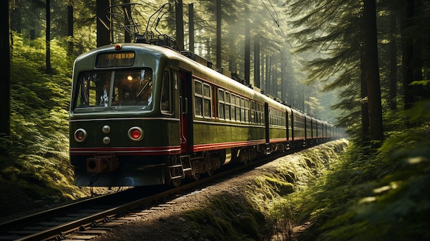 Trein beweegt in het bos