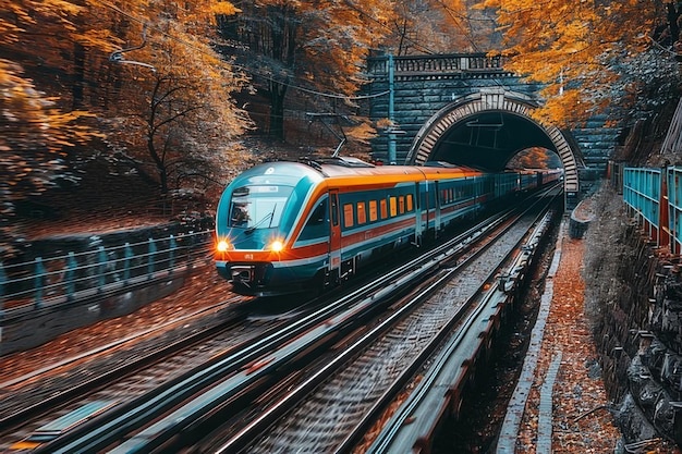 Trein die door een door bomen omringde tunnel rijdt