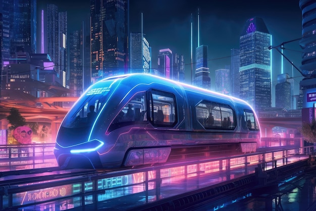 Trein die 's nachts door een futuristische stad rijdt met neonreclames en holografische advertenties op de achtergrond gemaakt met generatieve AI