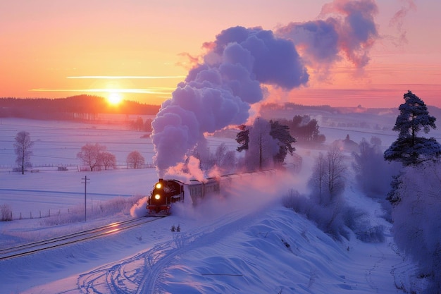 Trein drijft door een besneeuwd landschap bij zonsondergang stoom golft tegen een kleurrijke lucht