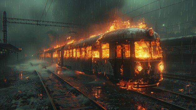 Trein in brand op het station tijdens regen geen mensen verkeersongeluk