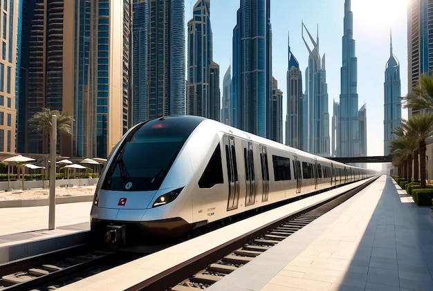 Trein op de spoorlijn van de metro van Dubai in het zakendistrict bij stedelijke wolkenkrabbers op de achtergrond