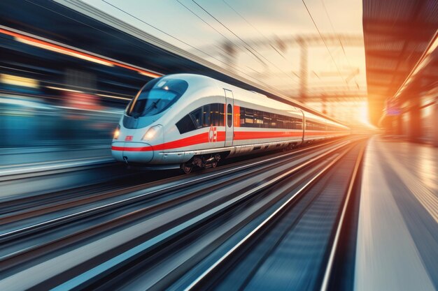 Trein reist door een treinstation naast hoge gebouwen