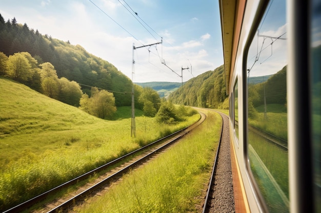 Treinrails door een landschap met op de achtergrond een groen veld en bomen