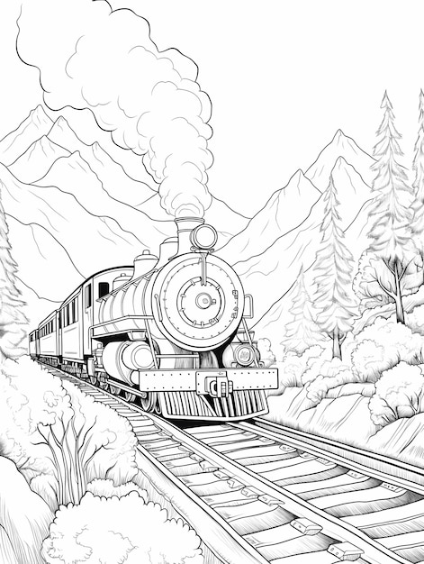 Foto treinreis door de natuur kleurboekpagina met sporen bomen en bergen
