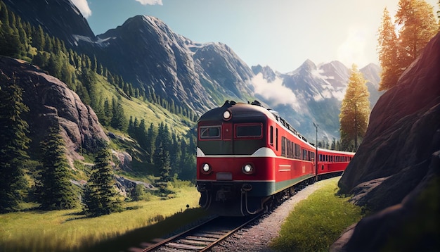 Treinritten door berglandschap in lente AI generatief