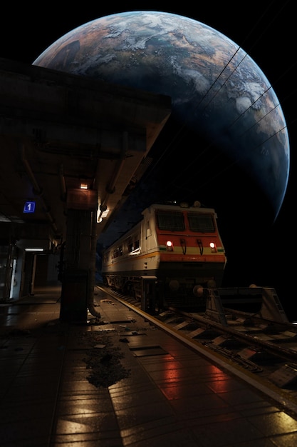 Treinstation in de ruimte treinstation bij planeet treinstation platform in de kosmos reizen naar andere planeten en werelden ruimte toerisme 3d render