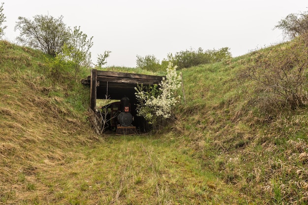 Treintje onder een brug van een verlaten westelijke stad