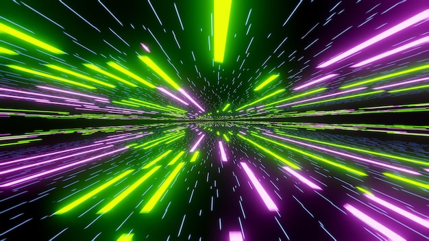 写真 超高速で宇宙をトレッキング モーション ブラー効果 緑とピンクの要素 空間と物質のエネルギー 視覚化 3d レンダリング