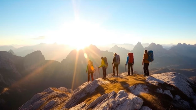 Trekkers looking on a mountain top at sunset Active life travel winter hiking nature concept