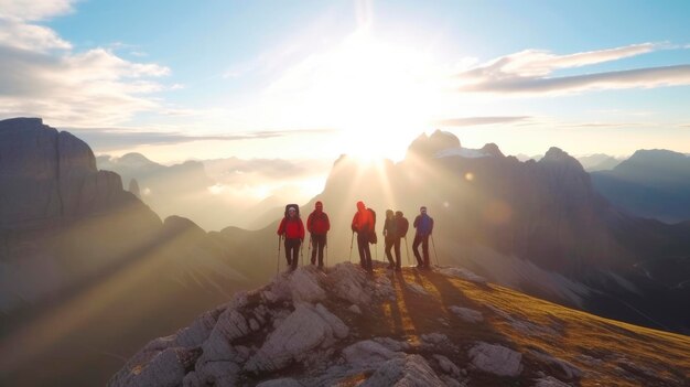 日没時に山の頂上を見ているトレッカー アクティブライフ旅行冬のハイキング自然のコンセプト