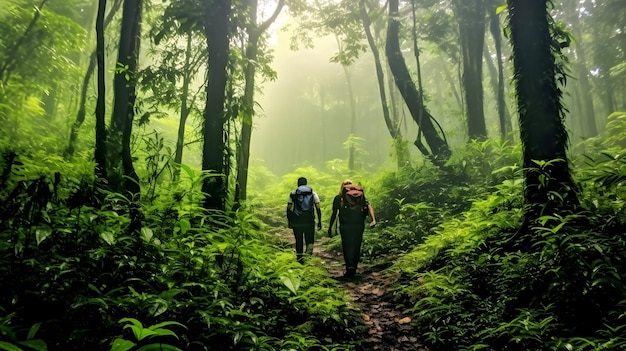 Trekking door een dicht regenwoud met torenhoge bomen en een koor van exotische dieren in het wild