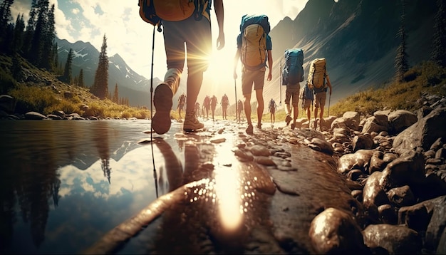 Trekking group of tourists with backpacks on mountain footpath among river forest beautiful sunlight