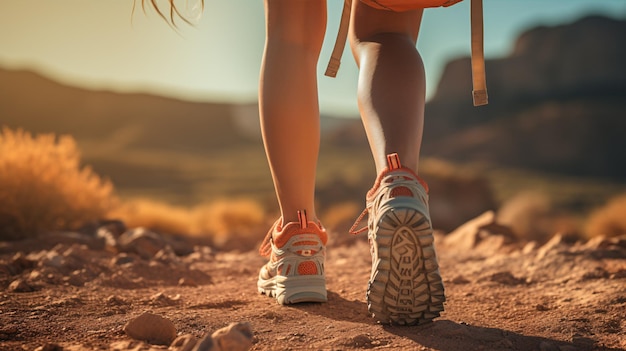 Trekking in de heuvels vrouwelijke voeten met sportieve schoenen en rugzak joggen op een berghelling detail zicht