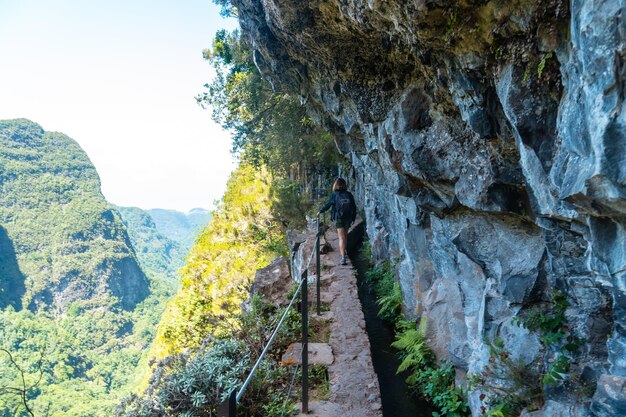 Levada do Caldeirao Verde Queimadas Madeira 절벽의 트레킹 트레일