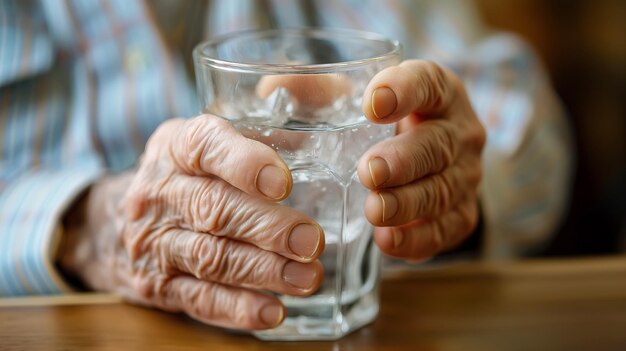 Trembling hands of an elderly man tightly hold a glass of water Parkinsons disease symptom