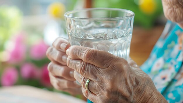 パーキンソン病の症状である水のグラスをしっかりと握っている年配の女性の震える手