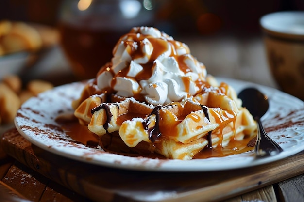 Photo tremendous and delicious fluffy waffle covered with caramel and chocolate