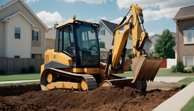 a trencher digging trenches for laying underground cables in a suburban neighborhood