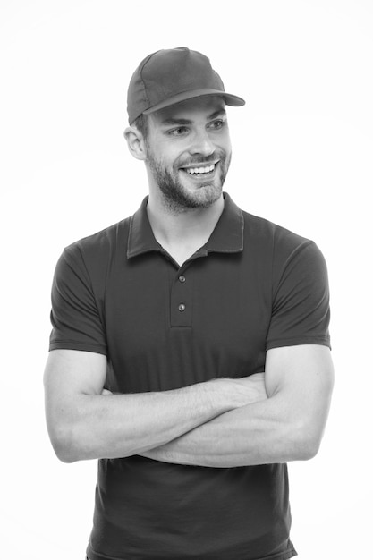 Trend for him Confident guy Happy guy keep arms crossed isolated on white Handsome guy in casual style Unshaven guy wear red cap and polo shirt Fashion and style Menswear store