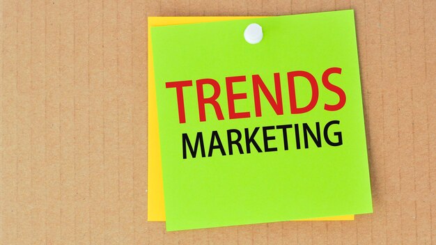 Trends marketing written on green paper and pinned on corkboard, can be used for business, financial and education concept