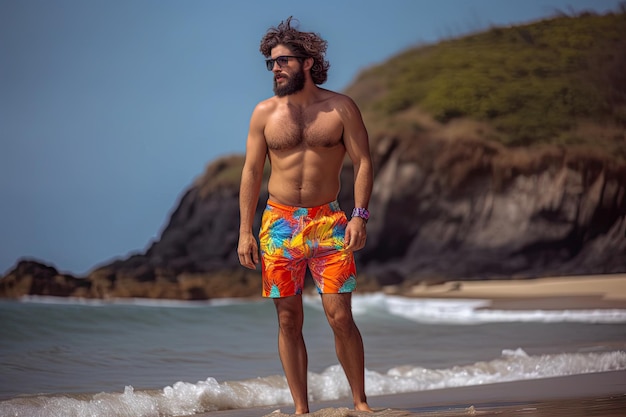 Trendsetter in strandkleding met een badpak met gedurfde kleuren en prints gemaakt met generatieve AI
