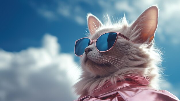 트렌드 세팅 고양이 패션 태양 안경과 분홍색 구름을 입은 미래의 키티