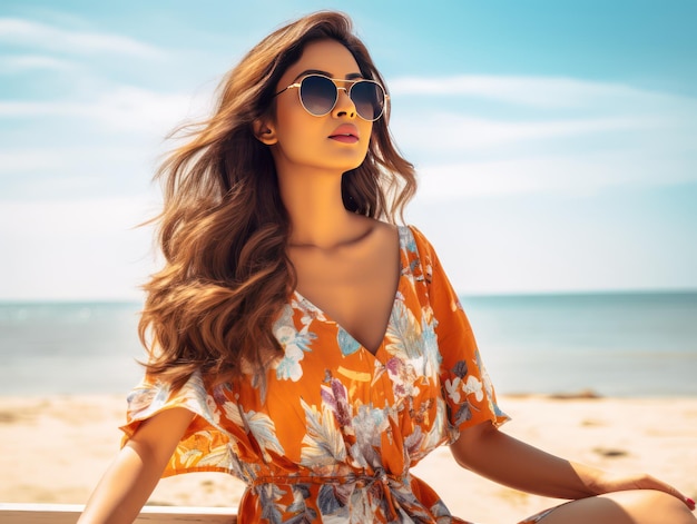 スタイリッシュなビーチウェアを着たトレンドセッターのインド人モデルが水着ブランドの写真撮影で海辺のひとときを楽しむ