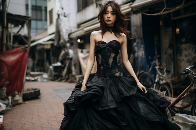 Trendsetting woman in a black maxi dress standing against a street scattered with garbage