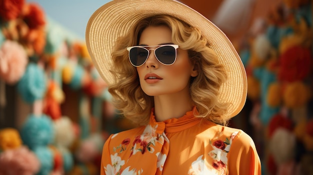 Trendy 60s style woman wearing sunglasses and big straw hat Tropical travel vacation with palm trees