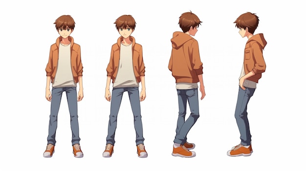 Photo trendy anime boy character turnaround concept art sheet full view showcasing a handsome teen's styli