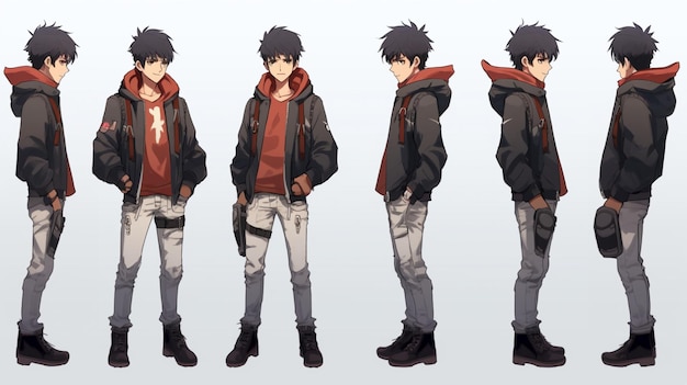 Photo trendy anime boy character turnaround concept art sheet full view showcasing a handsome teen's styli