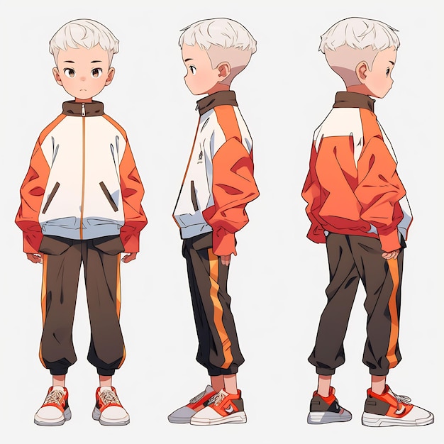 Trendy Anime Boy Character Turnaround Concept Art Sheet met het stijlvolle ontwerp van een knappe tiener