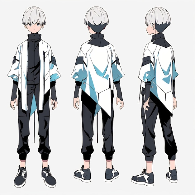 Trendy Anime Boy Character Turnaround Concept Art Sheet met het stijlvolle ontwerp van een knappe tiener