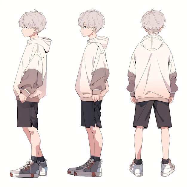 Trendy Anime Boy Character Turnaround Concept Art Sheet met het stijlvolle ontwerp van een knappe tiener