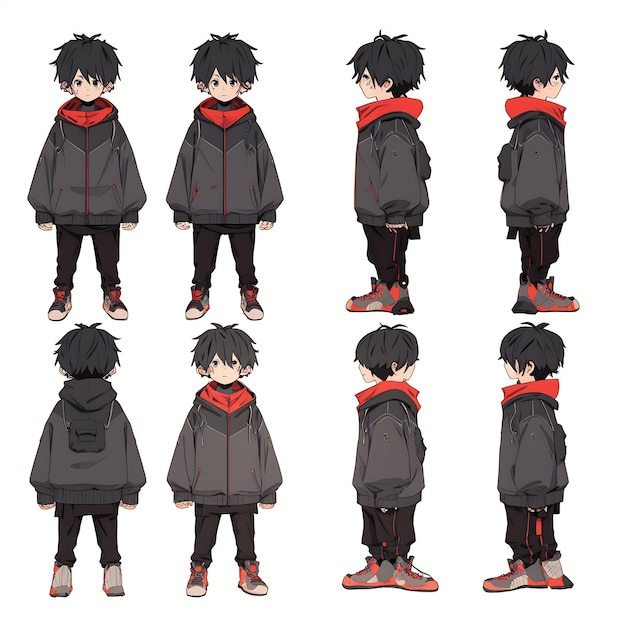 Trendy Anime Boy Character Turnaround Concept Art Sheet met het stijlvolle ontwerp van een knappe tiener