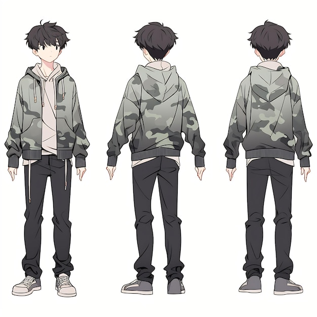 Trendy Anime Boy Character Turnaround Concept Art Sheet met het stijlvolle ontwerp van een knappe tiener