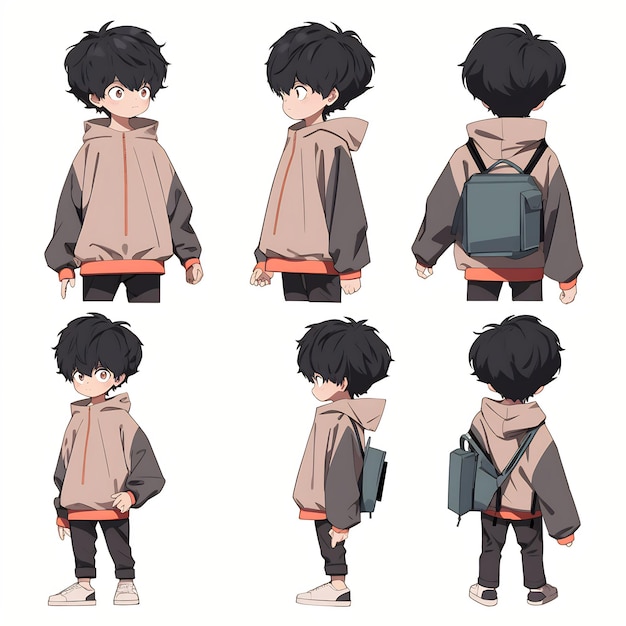 Trendy Anime Boy Character Turnaround Concept Art Sheet met het stijlvolle ontwerp van een knappe tiener