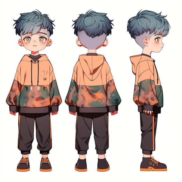 Trendy Anime Boy Character Turnaround Concept Art Sheet met het stijlvolle ontwerp van een knappe tiener