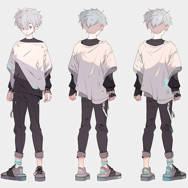 Trendy Anime Boy Character Turnaround Concept Art Sheet met het stijlvolle ontwerp van een knappe tiener