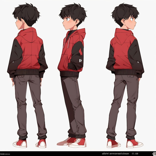 Trendy Anime Boy Character Turnaround Concept Art Sheet met het stijlvolle ontwerp van een knappe tiener