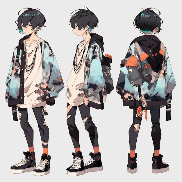 Trendy Anime Boy Character Turnaround Concept Art Sheet met het stijlvolle ontwerp van een knappe tiener