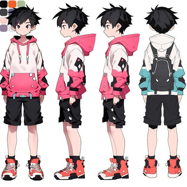 Photo trendy anime boy character turnaround concept art sheet showcasing a handsome teen's stylish design