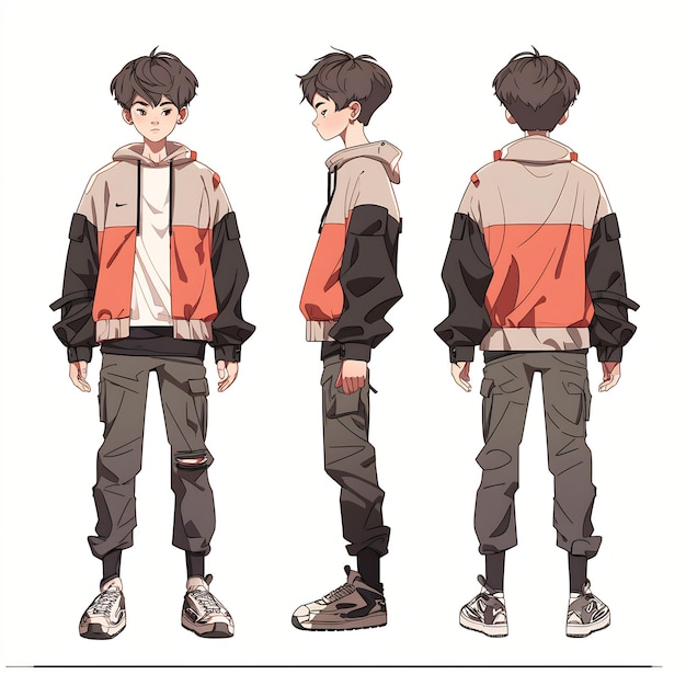 Premium AI Image  Trendy Anime Boy Character Turnaround Concept Art Sheet  Showcasing A Handsome Teen's Stylish Design