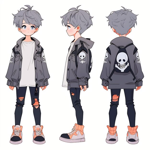 Trendy Anime Boy Character Turnaround Concept Art Sheet Showcasing A Handsome Teen's Stylish Design